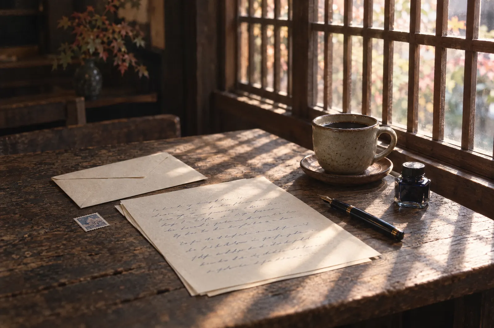 便箋と万年筆、書きかけの手紙と一杯