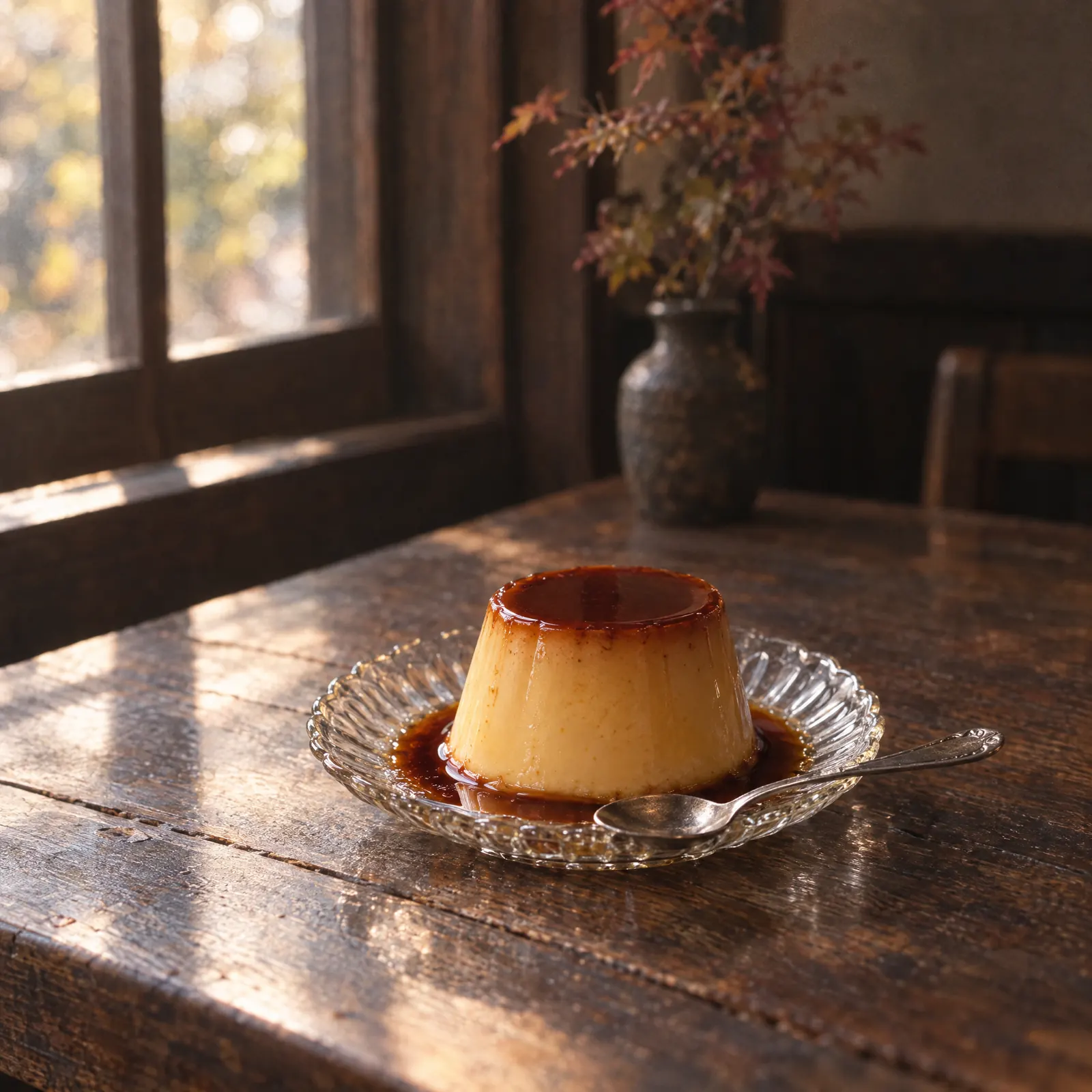 ガラスの皿にのったかためのプリン